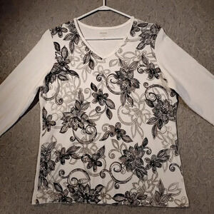 Alia Women's White & Black Long Sleeve  V-Neck Blouse in Size Medium